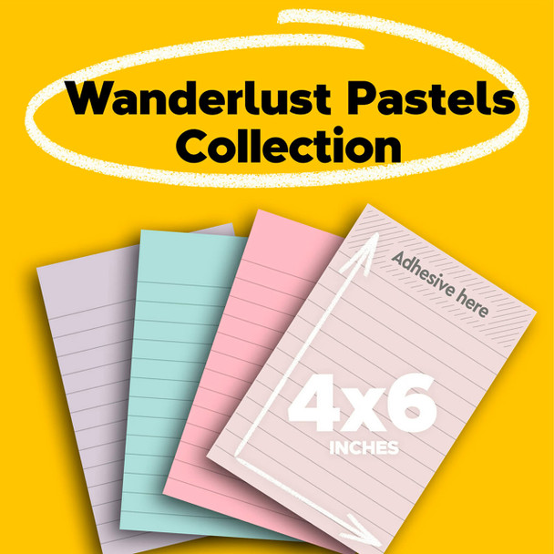 Post-it Wanderlust Pastels Collection Lined 101mm x 152mm 4621r-4ssnrp Super Sticky Notes Pack 4 | Mega Office Supplies