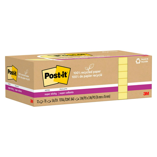 Post-it 654r-12sscy Super Sticky Notes Canary Yellow 76mm x 76mm Pack 12 | Mega Office Supplies