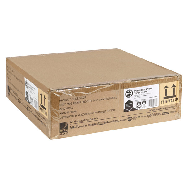 Marbig Professional Hand Strapping Blue 12mm x 1000m 0.6mm Dispenser Box