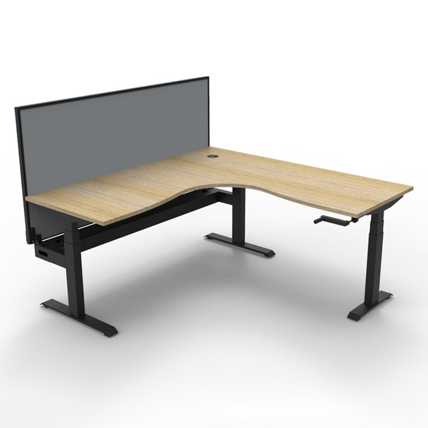 Rapidline Boost Crank Corner Workstation with Screen and Cable Tray 1500 x 1500mm W Natural Oak Top / Black Frame | Mega Office Supplies