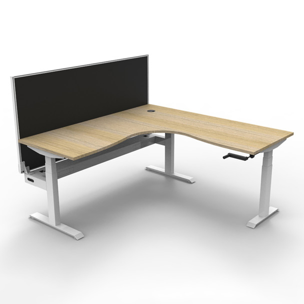 Rapidline Boost Crank Corner Workstation with Screen and Cable Tray 1800 x 1800mm W Natural Oak Top / White Frame | Mega Office Supplies