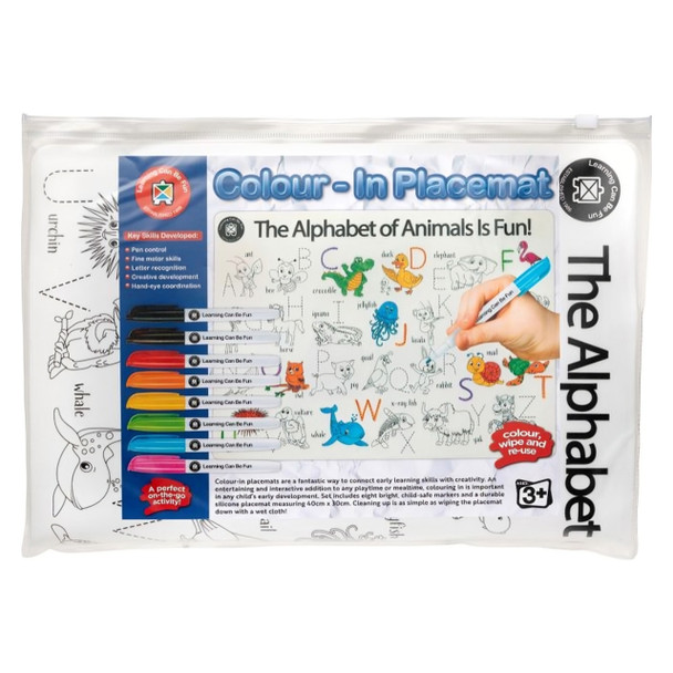Learning Can Be Fun Colour in Placemat Animal Alphabet with 8 Pack Markers