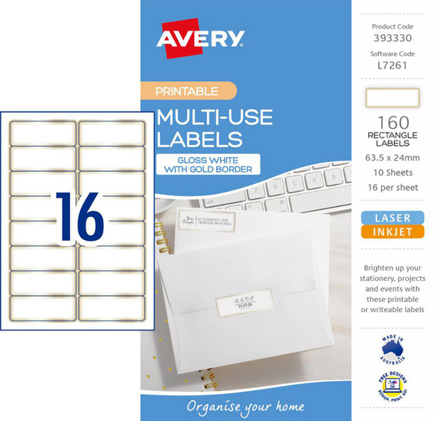 Avery Multi-Use Labels with Gold Border - 10/Pack - 63.5 x 24 mm, Laser & Inkjet | 16UP | Mega Office Supplies