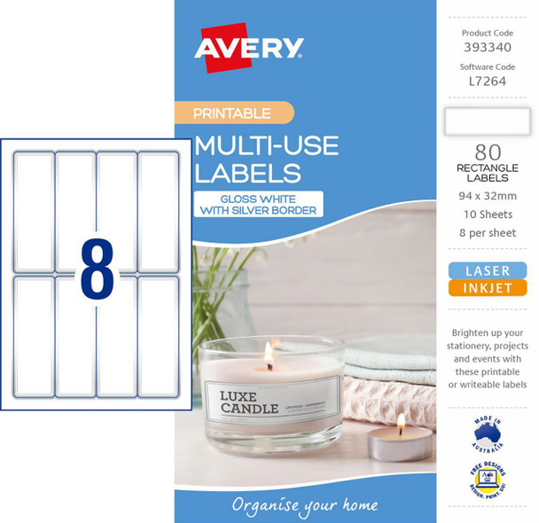 Avery Multi-Use Labels with Silver Border - 10/Pack - 94 x 32 mm, Laser & Inkjet | 8UP | Mega Office Supplies