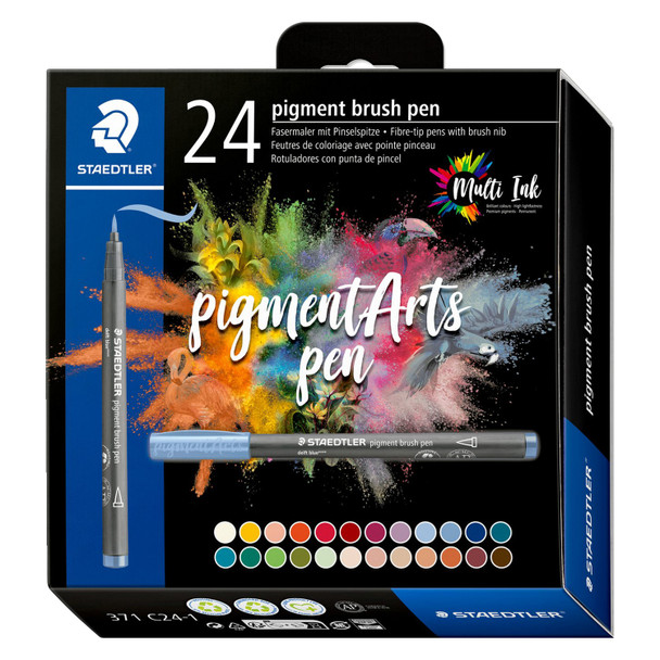 Staedtler 371 Pigment Arts Brush Pen Assorted Colours Pack of 24 | Mega Office Supplies