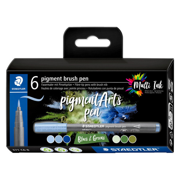 Staedtler 371 Pigment Arts Brush Pen Blues and Greens Pack of 6 | Mega Office Supplies