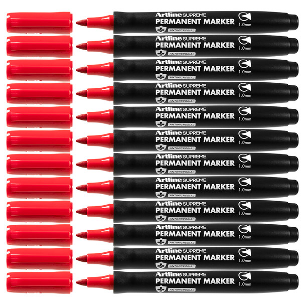 Artline Supreme Permanent Marker Single Red Antimicrobial Pack of 12 | Mega Office Supplies