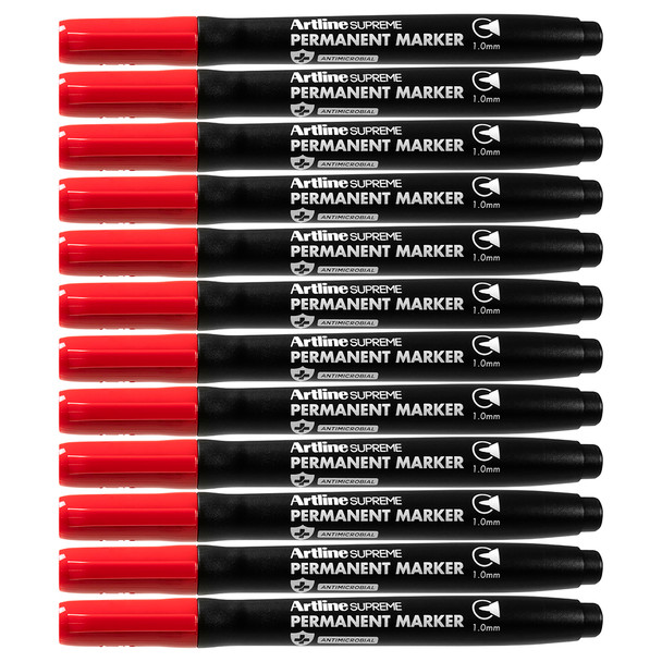 Artline Permanent Marker Single Red Antimicrobial Supreme Pack of 12 | Mega Office Supplies