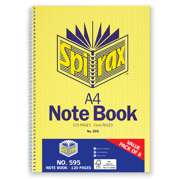 Spirax 595 Notebook A4 120 Page Side Opening - Pack of 8 | Mega Office Supplies