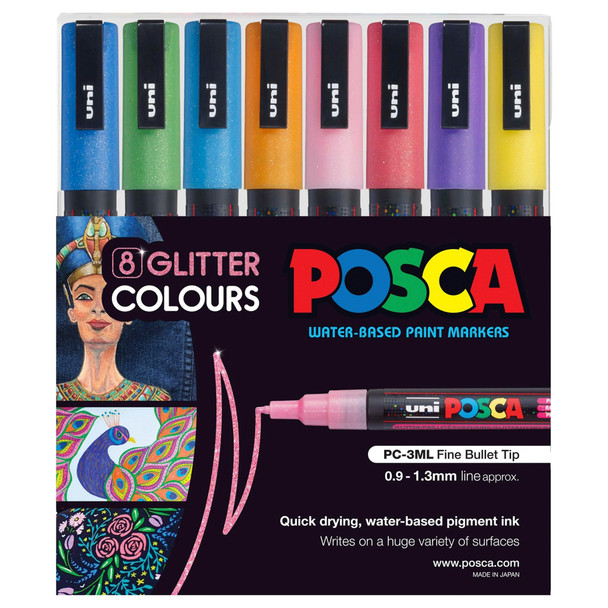 Posca PC-3M Paint Marker Pen Bullet Fine Glitter Assorted Wallet of 8