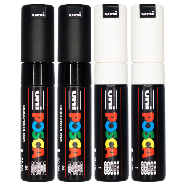 Posca PC-7M Paint Marker Pen Black and White Bullet Bold Wallet of 4