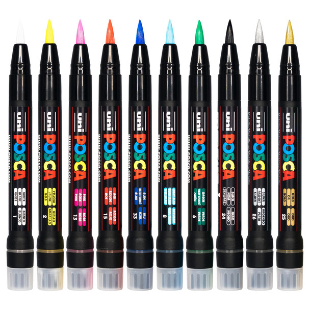Posca Assorted Set 10 PCF-350 Paint Marker Pen Brush Tip | Mega Office Supplies