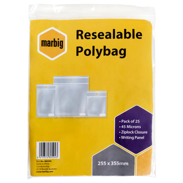 Marbig Resealable Polybags 255mm x 355mm Writing Panel Pack 25 | Mega Office Supplies