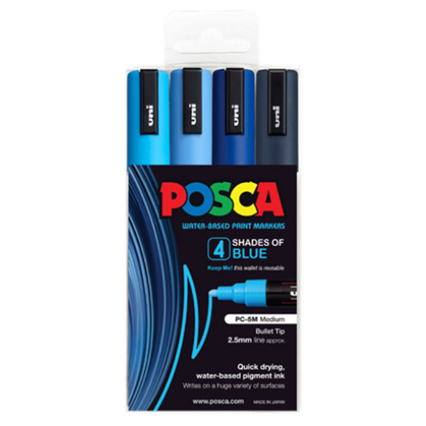 Posca PC-5M Paint Marker Pen Bullet Medium Blue Assorted Wallet of 4