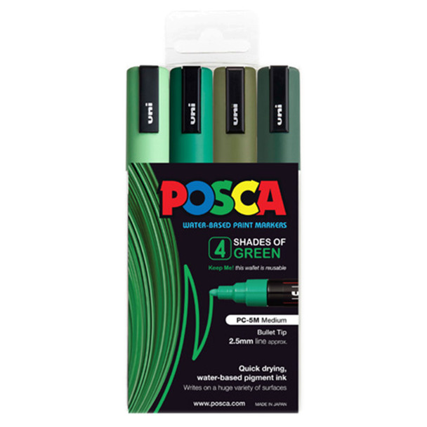 Posca PC-5M Paint Marker Pen Bullet Medium Green Assorted Wallet of 4