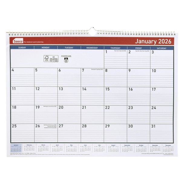 Sasco 2026 Monthly Wall Calendar 530 x 395mm
