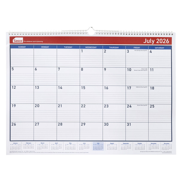 Sasco Monthly Wall Calendar 530 x 395mm 2026