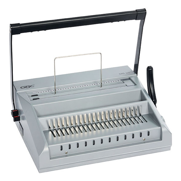GBC MultiBind MB20 manual binding machine with handle raised, showing dual binding mechanism for comb and wire bindings. GBC MultiBind MB20 manual binding machine with handle raised, showing dual binding mechanism for comb and wire bindings.