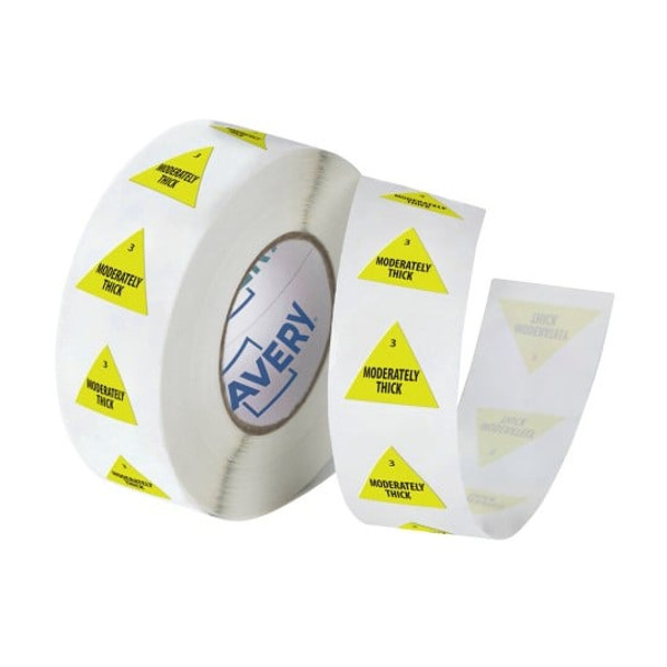 Roll of Avery Moderately Thick IDDSI Level 3 food consistency labels with yellow triangle design.