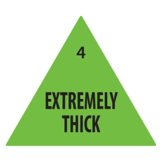 Green triangular Avery label marked “4 Extremely Thick” for IDDSI Level 4 puréed food textures.