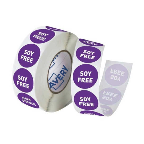 Roll of Avery Soy Free allergy labels, 24mm purple round stickers for safe food labelling.