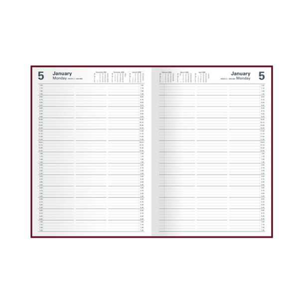 Inside view of Collins Appointment Diary 2026 showing 2-page daily layout with time slots