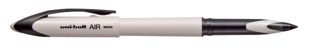 Uni-ball Air Micro pen in greige pastel barrel with black clip, uncapped to reveal writing tip Uni-ball Air Micro pen in greige pastel barrel with black clip, uncapped to reveal writing tip