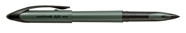 Uni-ball Air Micro pen in moss green pastel barrel with black clip, uncapped to reveal writing tip Uni-ball Air Micro pen in moss green pastel barrel with black clip, uncapped to reveal writing tip