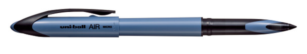 Uni-ball Air Micro pen in steel blue pastel barrel with black clip, uncapped to reveal writing tip Uni-ball Air Micro pen in steel blue pastel barrel with black clip, uncapped to reveal writing tip