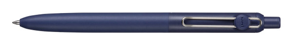 Uni-ball Zento retractable pen with coastal blue barrel and silver spring-loaded clip, close-up view