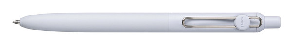 Uni-ball Zento retractable pen with fog grey barrel and silver spring-loaded clip, close-up view Uni-ball Zento retractable pen with fog grey barrel and silver spring-loaded clip, close-up view