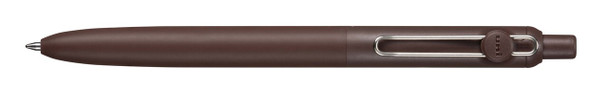 Uni-ball Zento retractable pen with deep umber barrel and silver spring-loaded clip, close-up view
