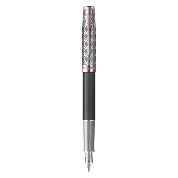 Parker Sonnet Premium Metal and Grey Lacquer Rose Gold Trim Fountain Pen Fine Nib