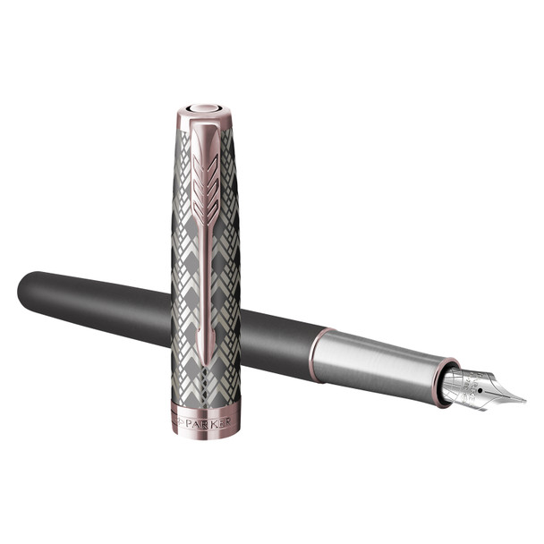 Parker Fine Nib Sonnet Premium Metal and Grey Lacquer Rose Gold Trim Fountain Pen