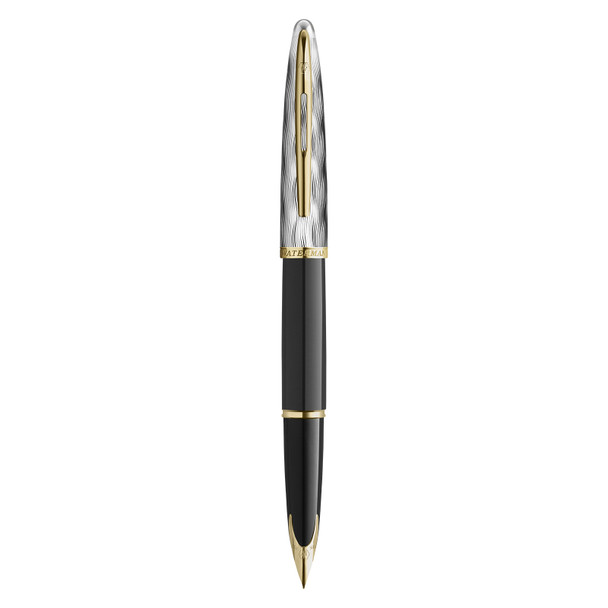 Waterman Carene Metal and Black Lacquer Gold Trim Fountain Pen 18K Gold Medium Nib