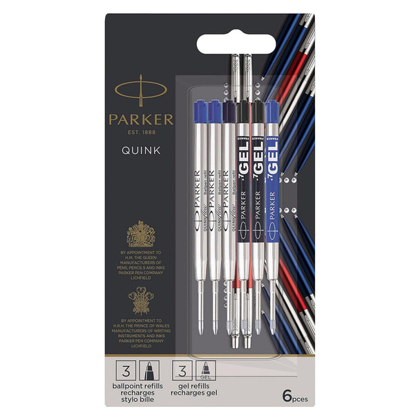 Parker Jotter Black Ballpoint and Blue Gel Refills Medium Tip Pack of 6 Parker Jotter Black Ballpoint and Blue Gel Refills Medium Tip Pack of 6