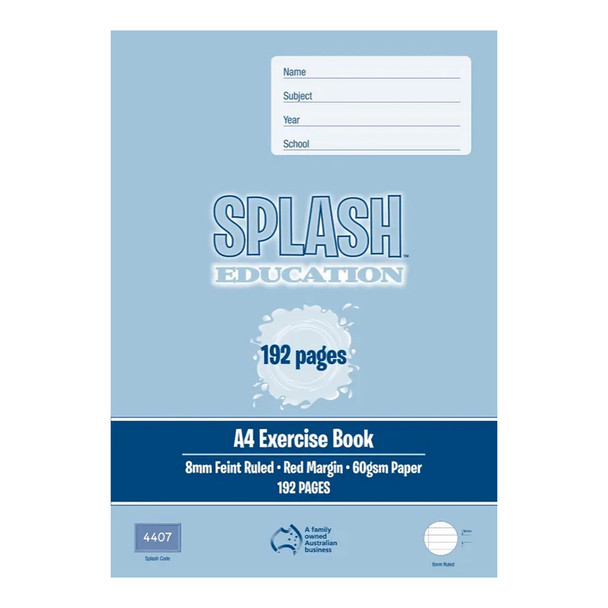 Splash Education A4 Exercise Book 192 Page 8mm Ruled + Red Margin Pack of 20