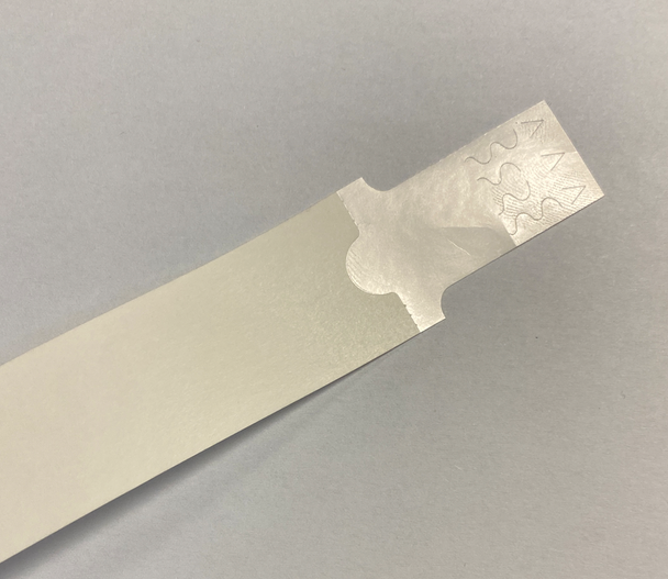 White wristband with clear adhesive fastening tab