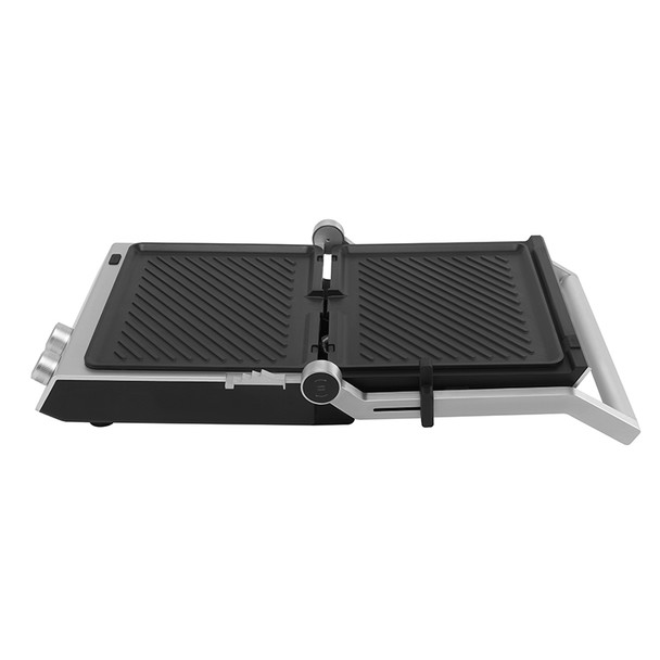 Nero Sandwich Press and Contact Grill opened flat to reveal two large ridged cooking plates, providing a double cooking surface.