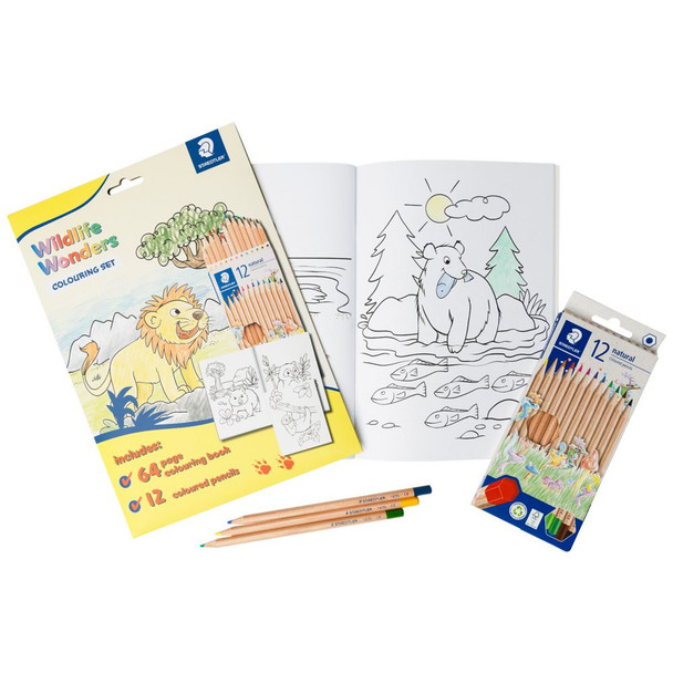 Open Staedtler Wildlife Wonders Colouring Set showing colouring book pages and pencils Open Staedtler Wildlife Wonders Colouring Set showing colouring book pages and pencils
