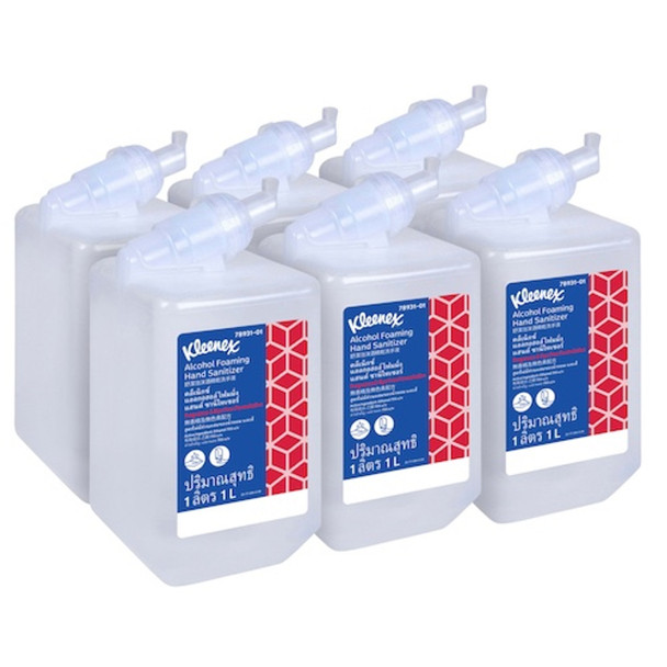 Set of six Kleenex Alcohol Foaming Hand Sanitiser 1L cartridges arranged together.