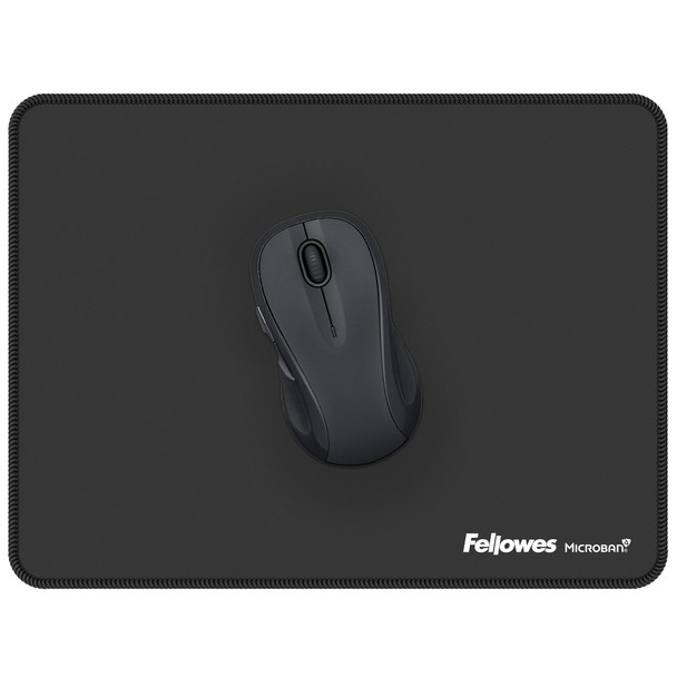 Top view of the Fellowes Breyta XL Mousepad in black with a computer mouse placed on the surface.
