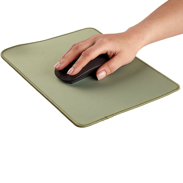Hand using a mouse on the sage green Fellowes Breyta Desk Mat, demonstrating ergonomic wrist support.