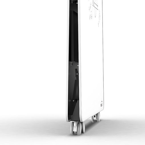 Side view of Visionchart JART mobile A frame whiteboard showing slim profile and low profile castor wheels