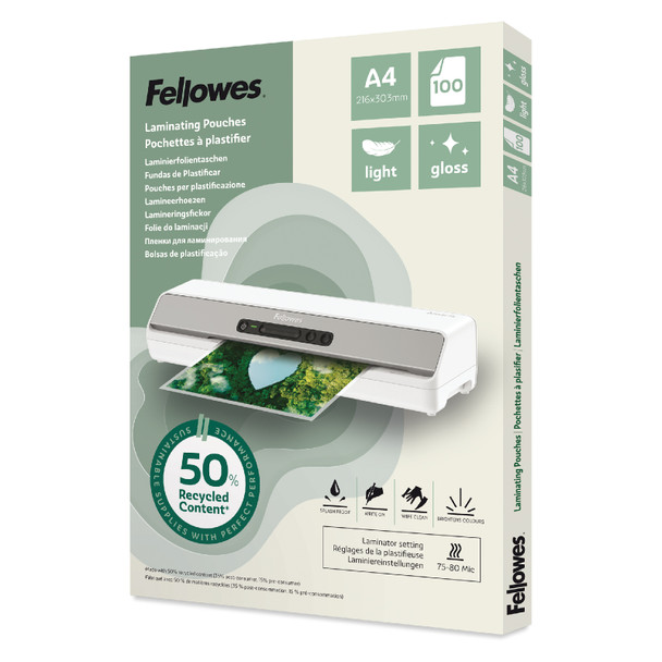 Fellowes Laminating Pouch A4 Light Recycled Content Gloss Pack of 100