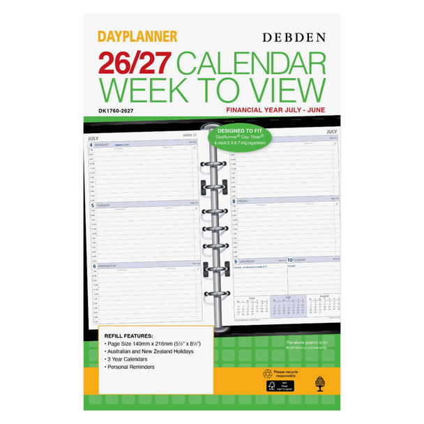 Debden DayPlanner Financial Year 2026-2027 216 x 140mm Week To View Refill