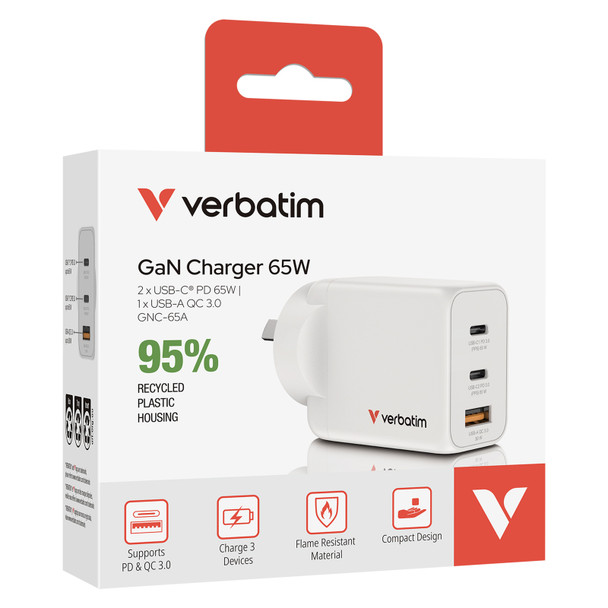 Verbatim White GaN Charger 65W 3 Port USB A and C