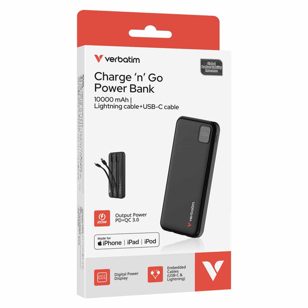 Verbatim Power Bank 10000mah Black PD Embedded Cables