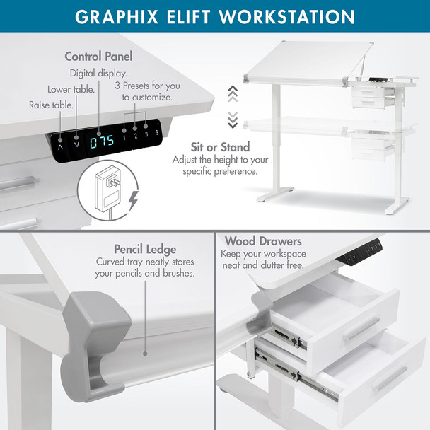 Artfusion Graphix eLift workstation feature overview graphic showing electronic lift controls and storage areas