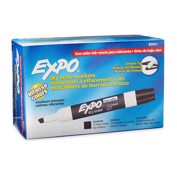 EXPO low odour dry erase whiteboard markers chisel tip black box of 12 product packaging